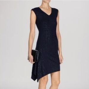 Karen Millen Asymmetrical Knit Navy Blue‎ Snakeprint Dress LIKE NEW Size 2